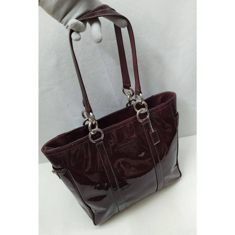 Coach Galaxy Purple Plum Patent Leather Tunrlock Pocket Double Handle Tote Bag - Picture 15 of 16